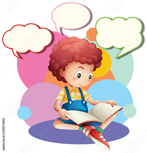Speech bubble template with boy reading book