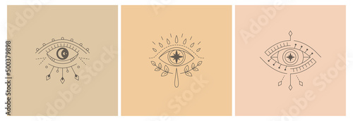Vector collecton line art mystic eyes tattoo. Social media template providence sight. Evil eye amulet. Esoteric sign