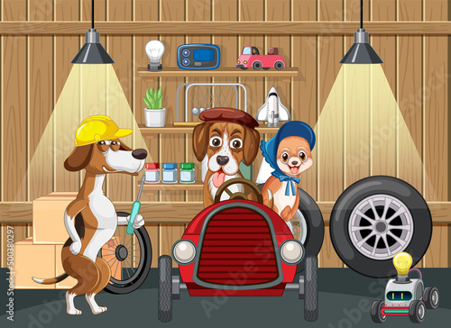 Dogs repairs car in garage
