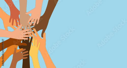Group hands on top of each other of diverse multi-ethnic and multicultural people.Diversity people.Diverse culture.Racial equality.Concept of teamwork community and cooperation.Oneness