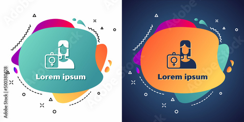 White Female movement, feminist activist with banner and placards icon isolated on white and blue background. Feminist rights movement, feminism sisterhood. Abstract banner with liquid shapes. Vector