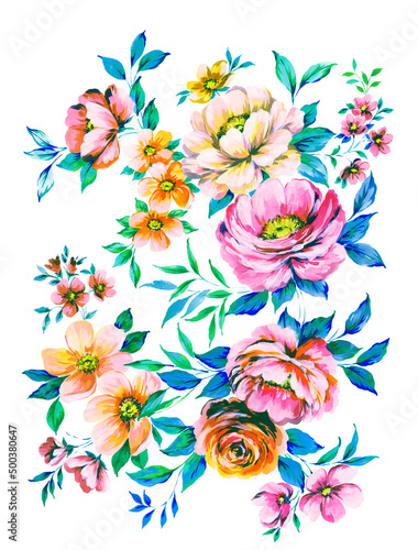 hand painted bright multicolor lush floral motif with peonies, with buds, wild flowers leaves on white background. suitable for postcards and invitations