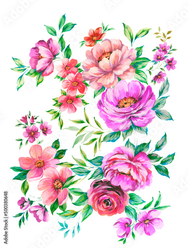 Fototapeta Naklejka Na Ścianę i Meble -  hand painted bright multicolor lush floral motif with peonies, with buds, wild flowers leaves on white background. suitable for postcards and invitations