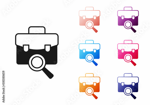 Black Magnifying glass with briefcase icon isolated on white background. Job hunting. Work search concept. Unemployment, head hunting, career. Set icons colorful. Vector