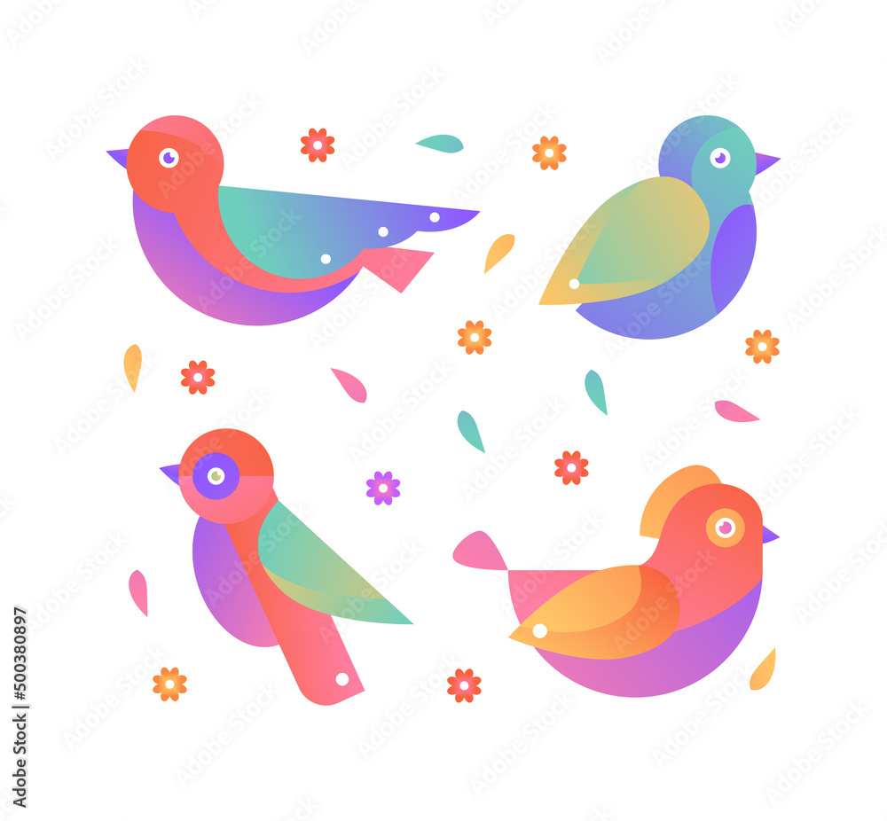 Naklejka premium Vector illustration of colorful spring birds. Geometric gradient birds isolated on white background. Textile or branding design idea, notebook cover, nursery poster.