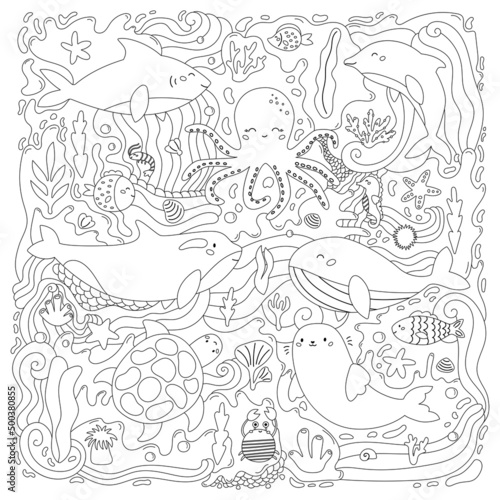 Coloring page for adults and kids. Marine life. Cartoon sea and ocean animals. Hand drawn underwater plants, seaweeds and corals. Anti stress doodle coloring book. Black and white vector illustration.