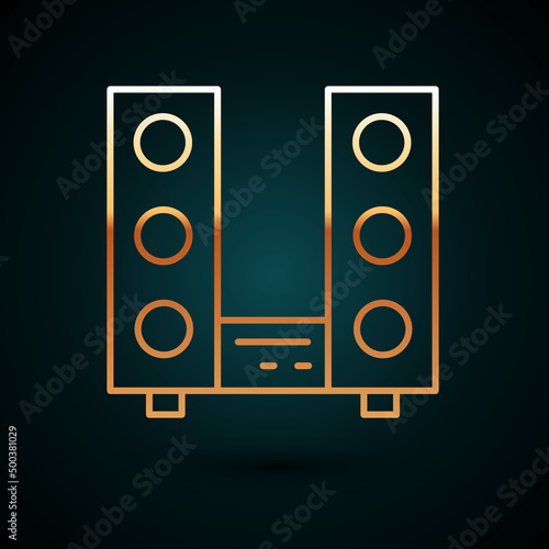 Gold line Home stereo with two speaker s icon isolated on dark blue background. Music system. Vector