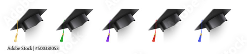 Set of vector realistic mortar hats. Graduation cap of a student with multi-colored tassels. Black hat at graduation at the university. Symbol of academic education, university headdress
