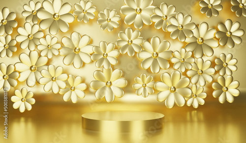 複数の花のモチーフ背景に台座（金色）ゴージャスな背景画像。