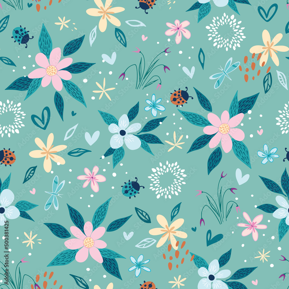 Doodle floral seamless pattern. Gray-green abstract elements with ladybirds for cards, wrapping or fabric. Doodle floral seamless pattern. Gray-green abstract elements with ladybirds for cards, wrapping or fabric.