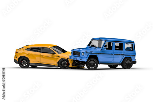 3D render image representing an accident between two luxury suv`` s 