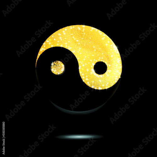 Yin and yang shaped Golden texture crumbs, art icon isolated on black. Gold sparkle. Dust scattering. Vector.