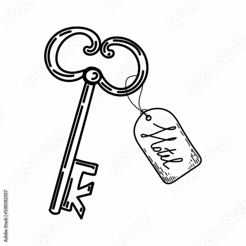 A key for a hotel, a hand-drawn doodle in doodle style. Vintage decorative key. Icon. Simple vector illustration.
