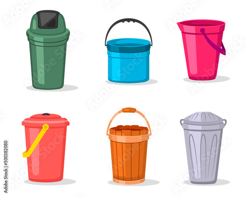 Water bucket set. Vector set of different buckets