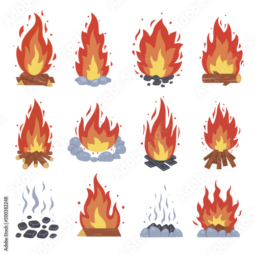 Campfire different types. Vector burning bonfire frames. Camping fire collection. Fireplace with fire coals or woodfire in cartoon style set. Vector illustration photo