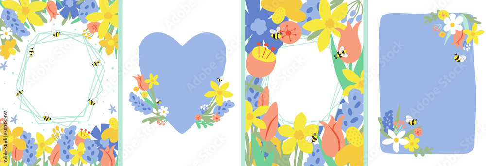 Floral spring posters set, wallpapers, frame, covers, cards. Spring flowers, honey bees, leaves, hand drawn floral bouquets, flower compositions.