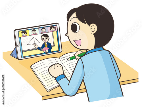 タブレット端末でオンライン授業を受ける子ども