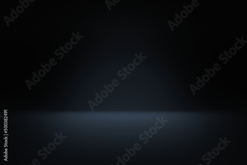Empty gradient black backdrop wallpaper studio floor template of abstract light dark background space or blank illustration room and spotlight product display stage on presentation ground platform.