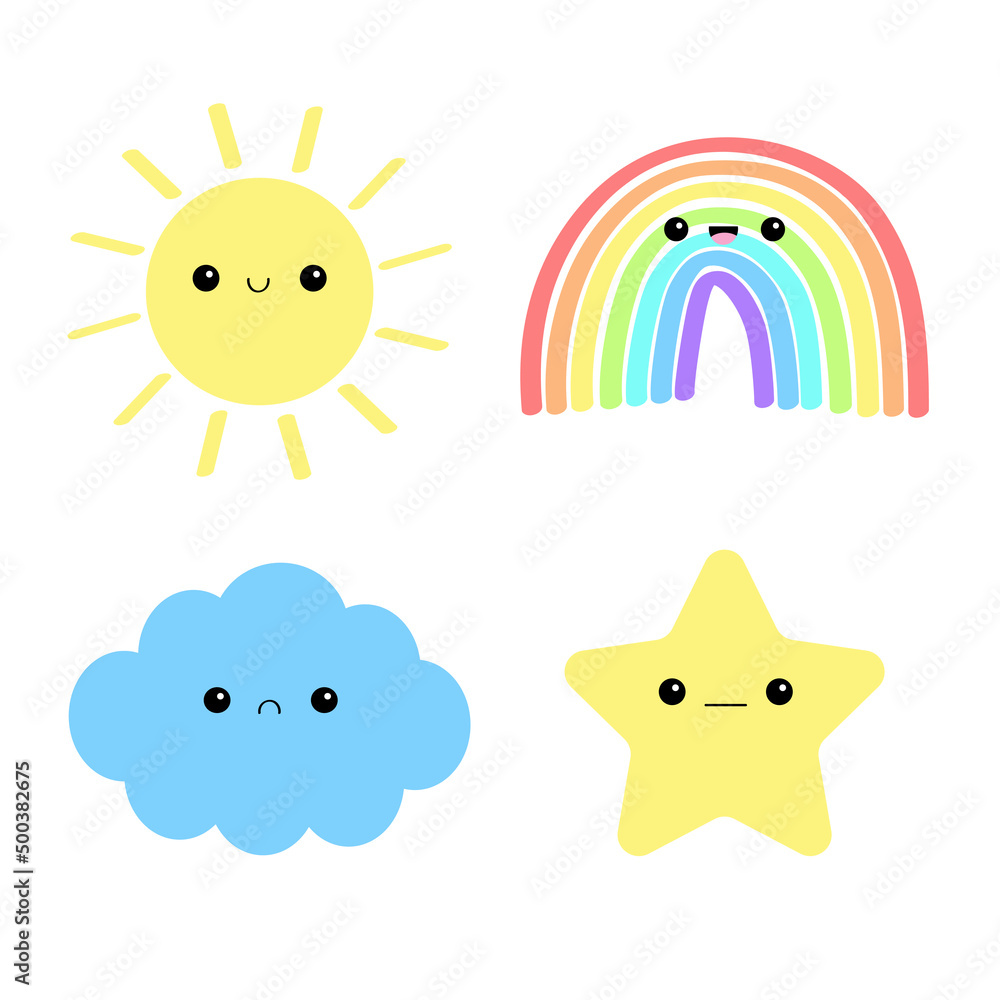 Rainbow, sun, cloud, star icon set. Cute cartoon kawaii funny baby character. Smiling face emotion. Baby charcter collection. Flat design. Pastel color. Isolated. White background.