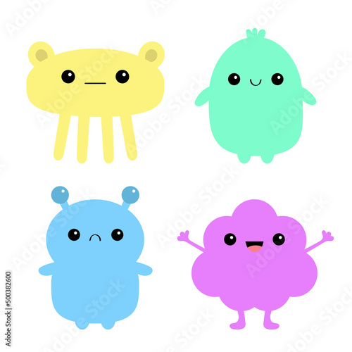 Monster icon set. Happy Halloween. Kawaii cute cartoon baby character. Funny face head body. Hands up  horn  eyes fang teeth tongue. Patel color. Flat design. White background.