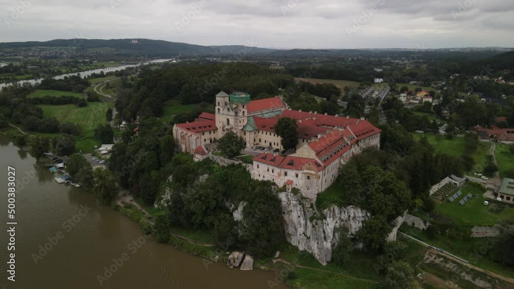 Top view to Catholic monastery embedded in green nature close to Krakow Poland