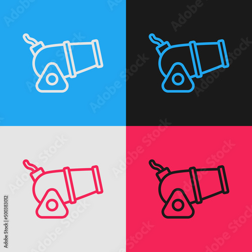 Pop art line Cannon icon isolated on color background. Medieval weapons. Vector
