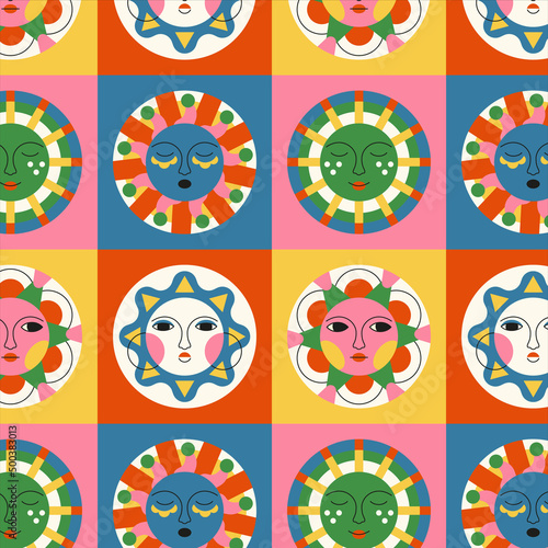Pattern of stylized abstract suns with faces. Drawn character with emotion. Colorful isolated illustration with ethnic elements. Stickers for decor, logo, printing, textiles, packaging. Vector art