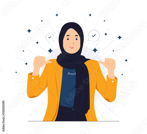 Successful Muslim business woman dressed in stylish suit with confidence, pointing herself with fingers proud and happy, high self esteem, concept illustration