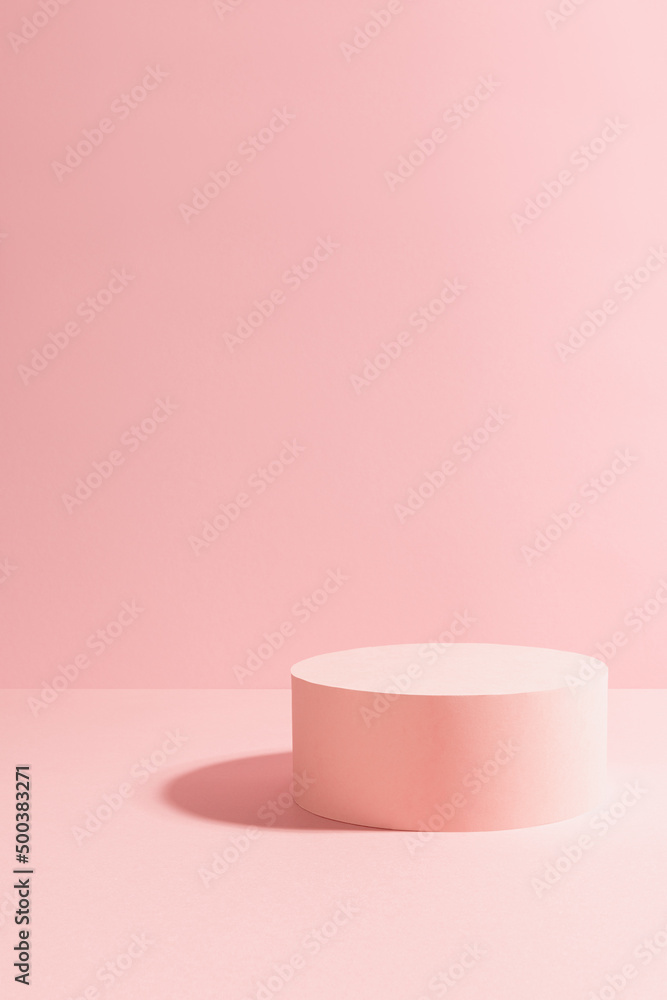 Bright pastel pink single circle podium in sunlight with shadow mockup for presentation cosmetic product or goods, copy space, vertical. Romantic template for advertising, design, show, display. Bright pastel pink single circle podium in sunlight with shadow mockup for presentation cosmetic product or goods, copy space, vertical. Romantic template for advertising, design, show, display.