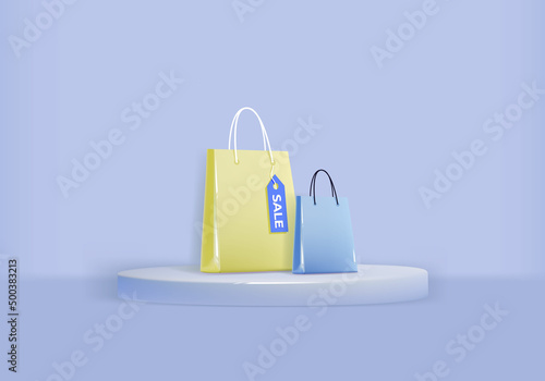 3d Vector rendering of bag shop. Product display presentation. Minimum wall scene.