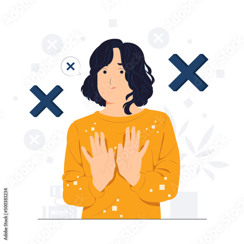 Woman says no and makes stop gesture, forbids something and expresses disagreement, Body language No means no concept illustration