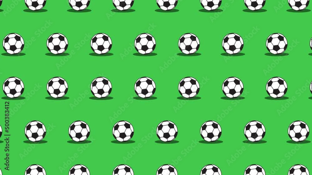Seamless loop pattern with Soccer (European Football) balls on a green background. Sport balls in seamless loop animation. Endless activity motion graphic background Seamless loop pattern with Soccer (European Football) balls on a green background. Sport balls in seamless loop animation. Endless activity motion graphic background
