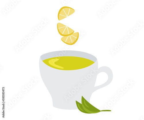 Cup of green herbal tea with lemon. Vector illustration of a healthy drink for design or decoration.