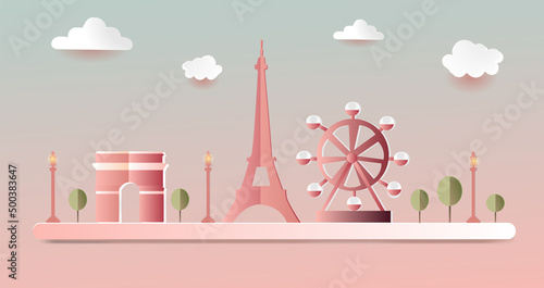 Paris, Paper cut style, Hand drawn vector illustration