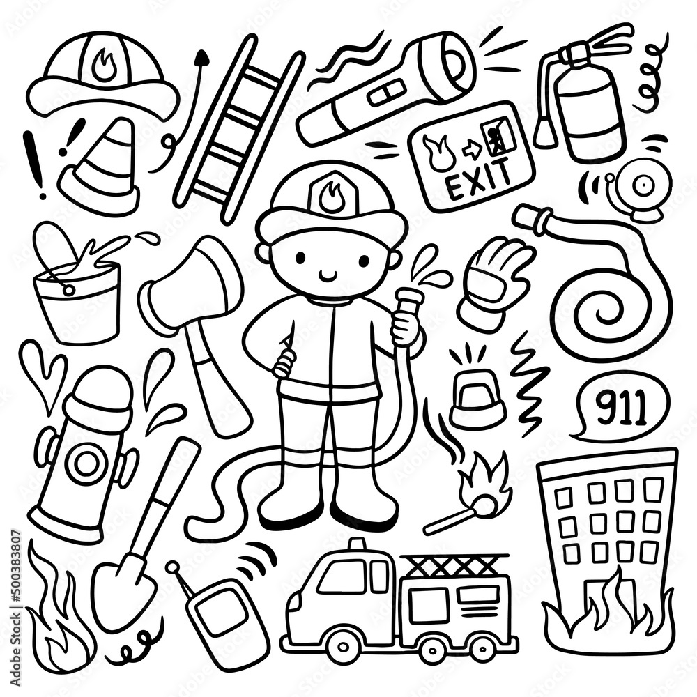 Set of Kawaii Hand Drawn Fire Fighter Doodle Vector Clip Art Set of Kawaii Hand Drawn Fire Fighter Doodle Vector Clip Art