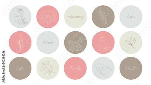 Highlights for a blog and social networks about mental health. Icons for the page about psychology and harmonious spirit. boho