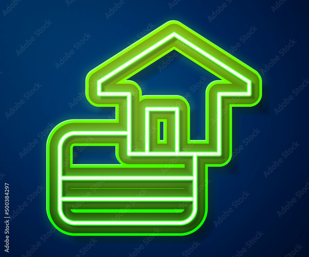 Glowing neon line Credit card icon isolated on blue background. Online payment. Cash withdrawal. Financial operations. Shopping sign. Vector Glowing neon line Credit card icon isolated on blue background. Online payment. Cash withdrawal. Financial operations. Shopping sign. Vector