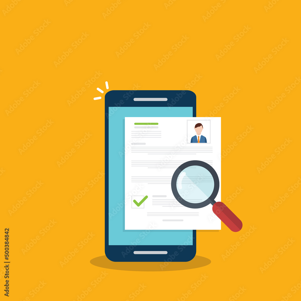 Online resume analysis, use phone and magnifying glass to view recruitment resume, concept of recruitment and human resources Online resume analysis, use phone and magnifying glass to view recruitment resume, concept of recruitment and human resources