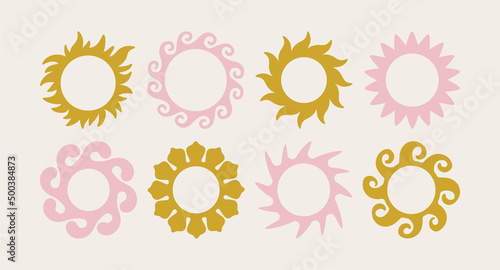 Vector set of design elements and illustrations in simple flat linear style - sun symbols, abstract forms and shapes - logo design templates, badges and stickers for posters, prints, banners
