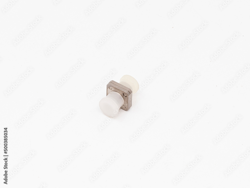 SC-UPC adapter for single mode fiber optic patch cord with flange on isolated white background SC-UPC adapter for single mode fiber optic patch cord with flange on isolated white background