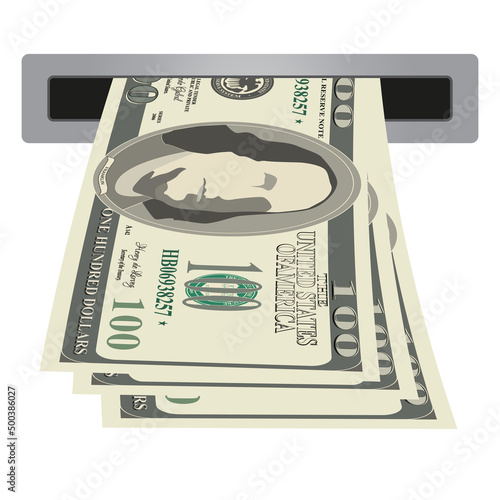 Cash dollars in slot of ATM machine isolated on white background.