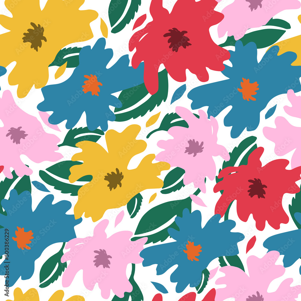 Obraz premium Bright floral pattern. Large stylized flower buds. Seamless background for printing on fabric, wrapping, textile, paper, wallpaper. Vector illustration, hand drawn