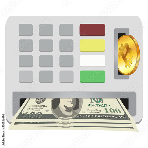 ATM panel with slots for depositing BTC Bitcoin and receiving cash in paper dollars USD. Concept of exchanging Bitcoin coins for cash Dollars.