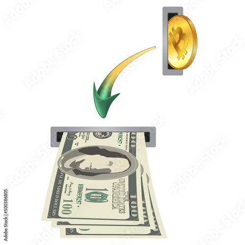 Arrow from slot with bitcoin points to slot with cash paper dollars. Concept of converting Bitcoin BTC coins to USD dollars cash.