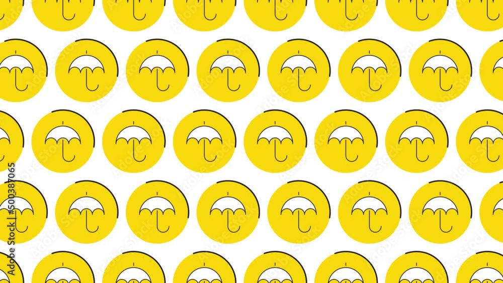 Umbrella icon in yellow circle with black dynamic line pattern on a white background. Seamless loop dynamic pattern with regular symbols rotating around Umbrella icon in yellow circle with black dynamic line pattern on a white background. Seamless loop dynamic pattern with regular symbols rotating around