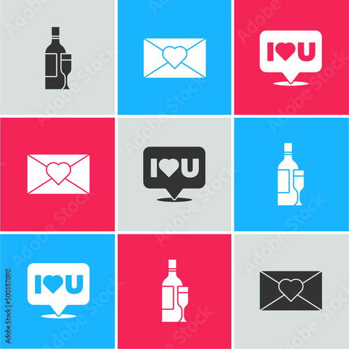 Set Champagne bottle, Envelope with Valentine heart and Speech bubble I love you icon. Vector