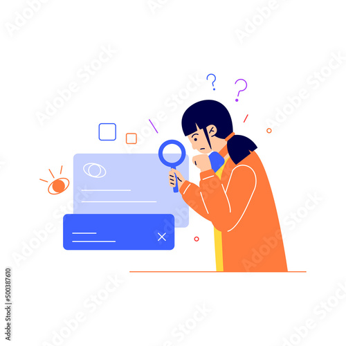 Concept of searching for opportunities, decisions, new business ideas or staff. People looking into future choosing direction of development. Colorful flat vector illustration isolated on white

