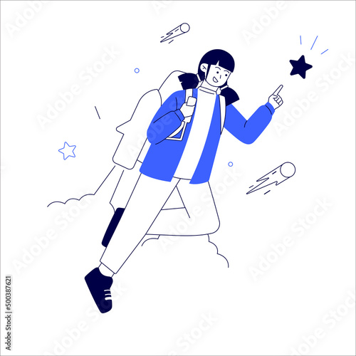 Cheerful businesswoman flying off with jet pack vector flat illustration. Female office worker flying up by rocket and take off the ground. Business concept career boost, start up and growth
