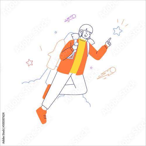 Cheerful businesswoman flying off with jet pack vector flat illustration. Female office worker flying up by rocket and take off the ground. Business concept career boost, start up and growth
