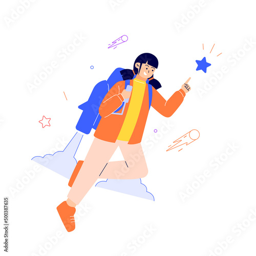 Cheerful businesswoman flying off with jet pack vector flat illustration. Female office worker flying up by rocket and take off the ground. Business concept career boost, start up and growth

